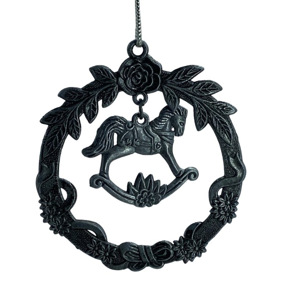 Vintage Pewter Dangling Rocking Horse Floral Wreath Christmas Ornament 3 Inch